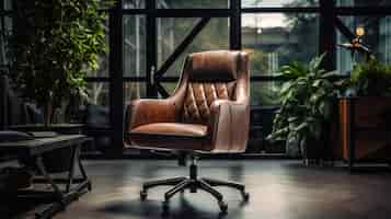 Foto grátis uma cadeira de escritório vintage com estofamento de couro, braços e rodas de madeira