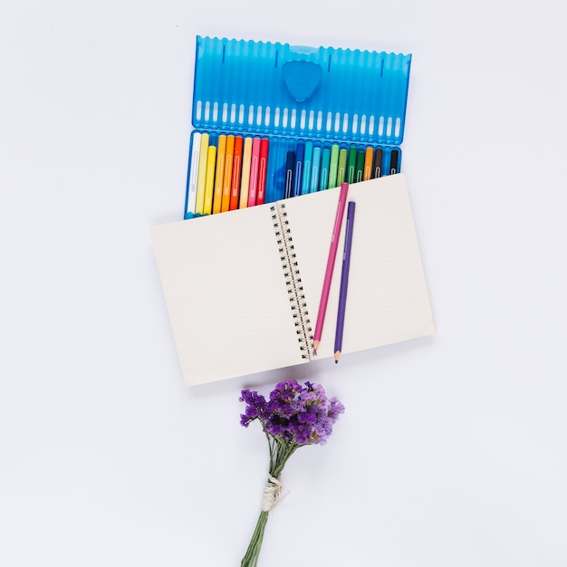 Uma caixa aberta de lápis de cor com notebook de linha única e flores de lavanda em fundo branco