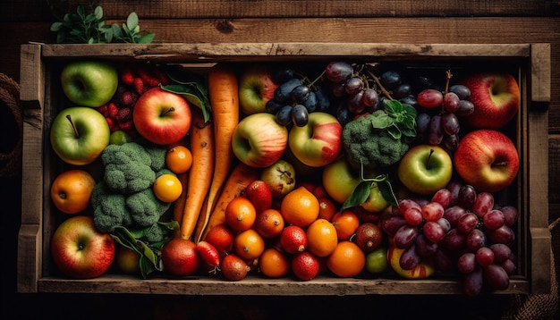 Uma caixa de frutas e legumes da fazenda