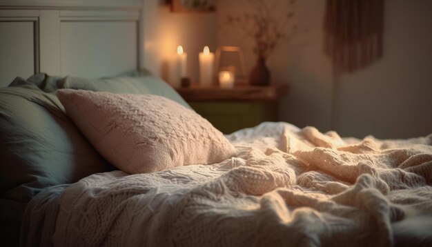 Uma cama com travesseiro e velas