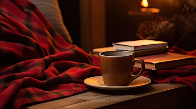Foto grátis uma caneca de café com um cobertor aconchegante e um livro num quarto vazio