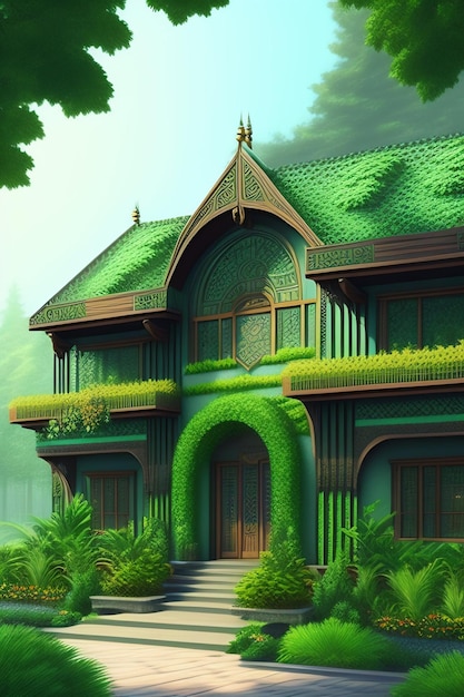 Uma casa com telhado verde e telhado verde.