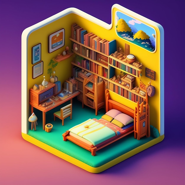 Uma casa de bonecas com uma cama e uma estante de livros na parede.