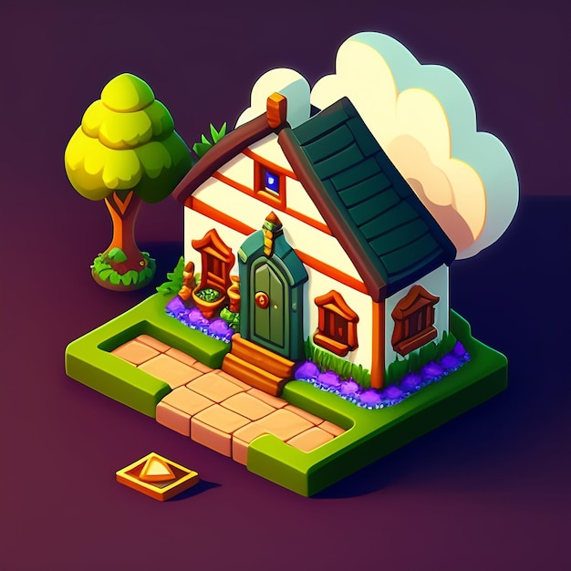 Foto grátis uma casa de desenho animado com telhado verde e uma árvore no canto.