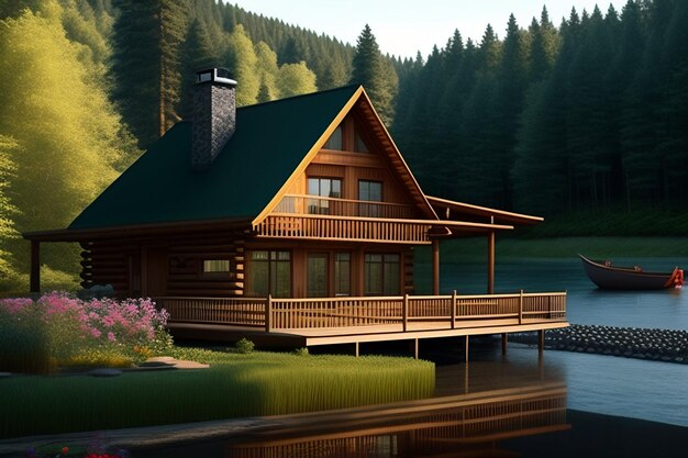 Uma casa em um lago com telhado verde e deck de madeira.