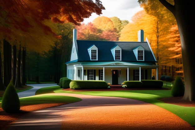 Uma casa no outono com telhado azul e uma casa branca ao fundo.