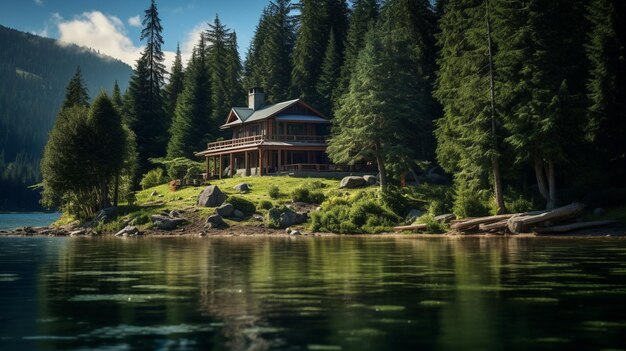 Uma casa solitária na margem de um lago na floresta