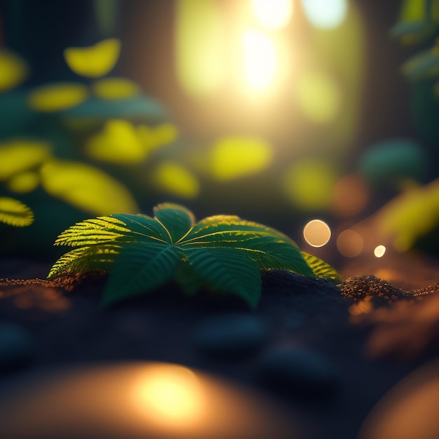 Foto grátis uma cena de floresta com uma luz ao fundo e uma planta em primeiro plano.