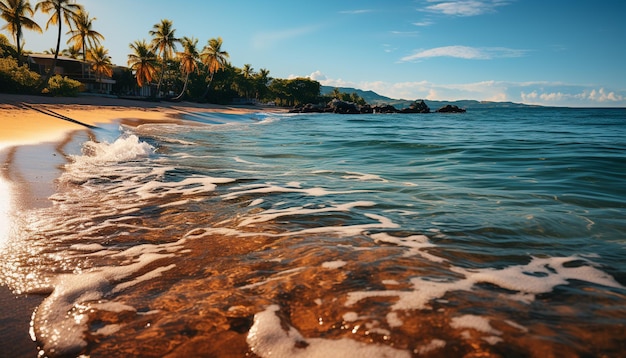 Uma cena tranquila de uma costa tropical ao pôr-do-sol gerada por inteligência artificial