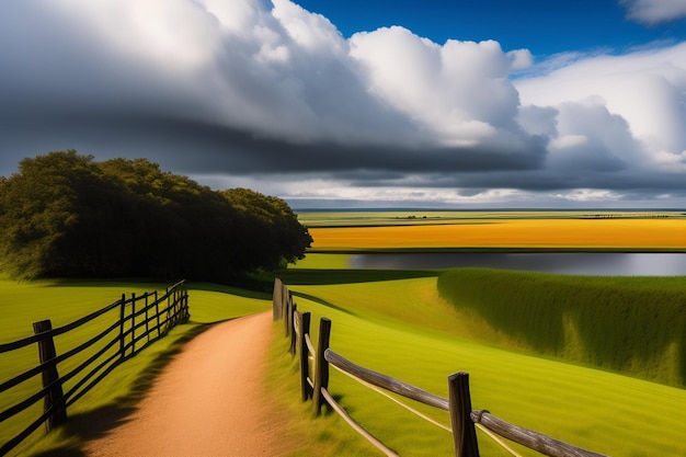 Foto grátis uma cerca em um campo com um campo e um céu nublado