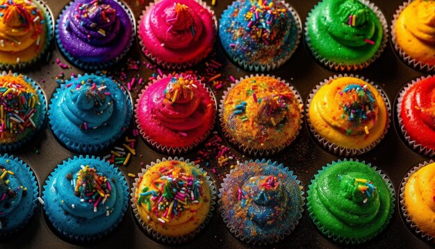 Uma coleção colorida de cupcakes gourmet em fileiras geradas por IA