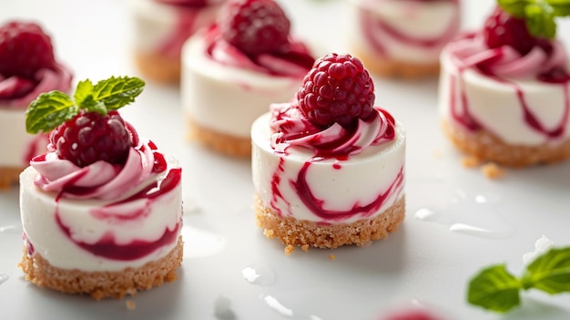 Uma coleção de cheesecakes em miniatura com rodelas de framboesa e enfeite de hortelã em uma superfície branca e limpa