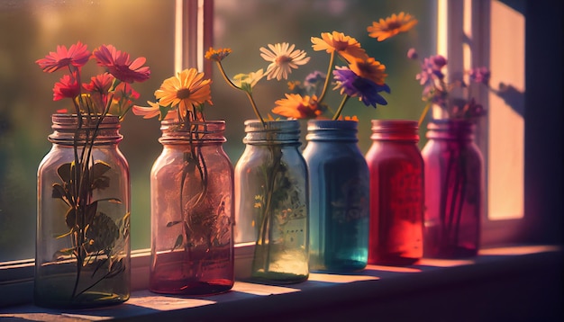 Uma coleção de frascos de pedreiro coloridos com flores no parapeito da janela