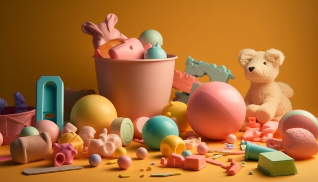 Uma coleção de ovos de páscoa e um urso de brinquedo estão espalhados sobre uma mesa.