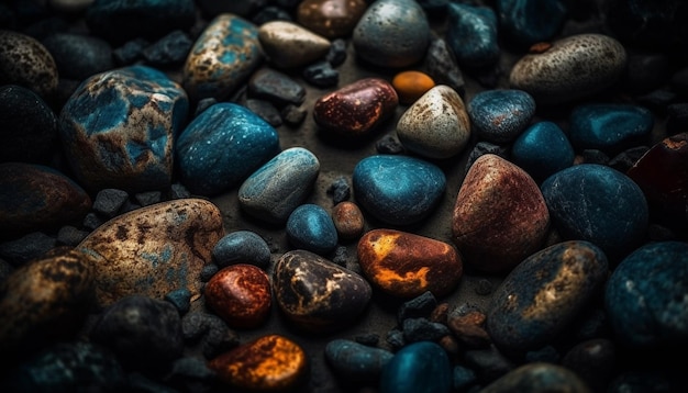 Uma coleção de rochas coloridas em um fundo escuro