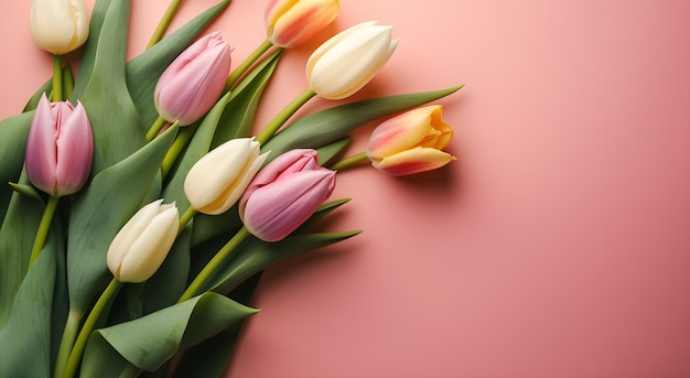 Uma coleção de tulipas em um fundo rosa para o dia das mães