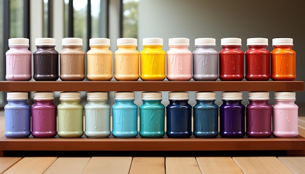 Foto grátis uma coleção vibrante de recipientes coloridos para alimentos e remédios em uma prateleira de madeira gerada por inteligência artificial