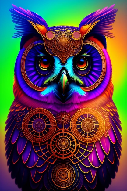 Uma coruja colorida com uma cabeça grande e um grande olho nas costas.