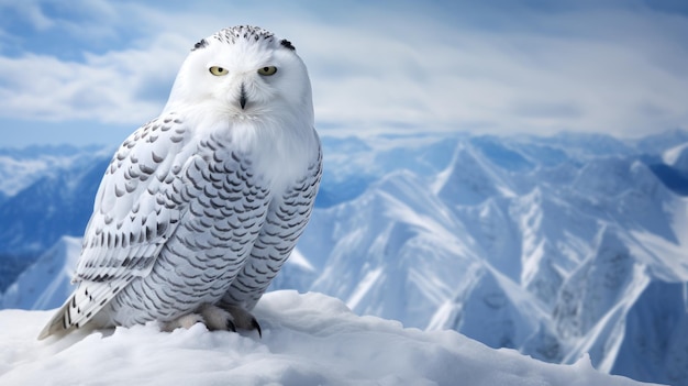 Foto grátis uma coruja de neve senta-se em uma percha seus olhos vigilantes examinando uma vasta paisagem nevada