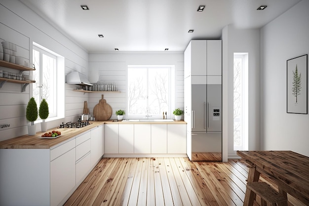 Uma cozinha com paredes brancas e armários brancos.
