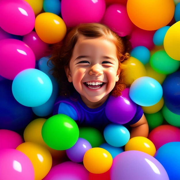 Uma criança brincando em uma piscina de bolinhas com bolas coloridas.