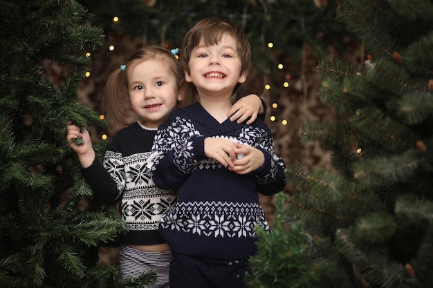 Uma criança perto da árvore de ano novo. as crianças decoram a árvore de natal. bebê de suéter por uma árvore verde no estúdio.