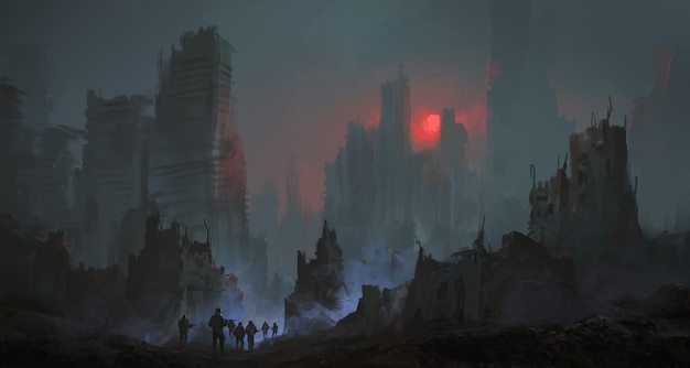 Uma equipe de soldados anda na cidade após a ilustração da guerra nuclear.