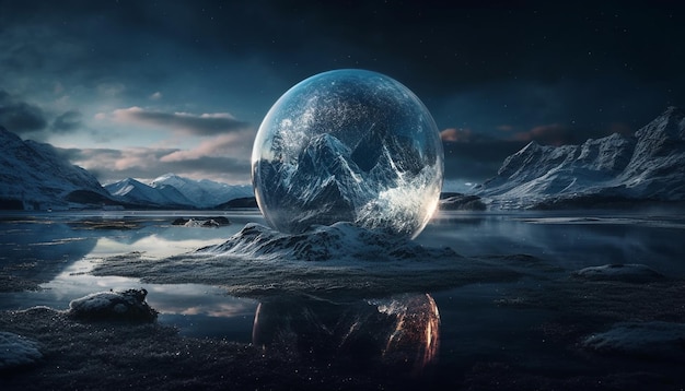 Uma esfera em um lago congelado com montanhas no topo