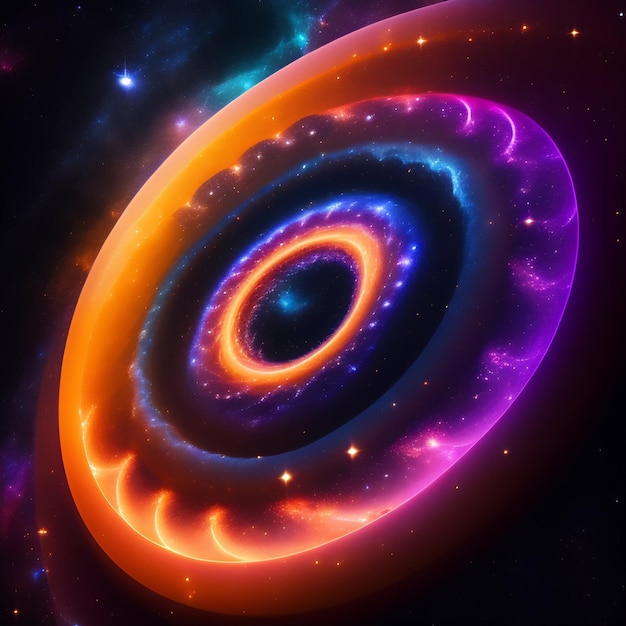 Uma espiral colorida com um anel no centro que diz 'galáxia'