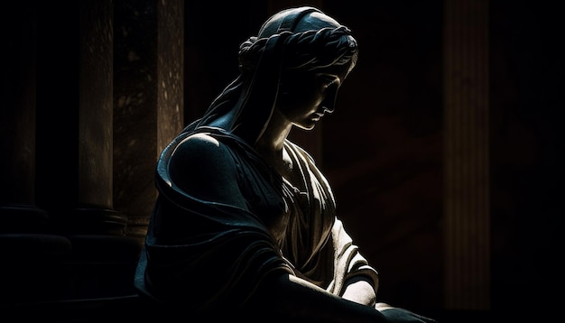 Uma estátua de uma mulher em um quarto escuro