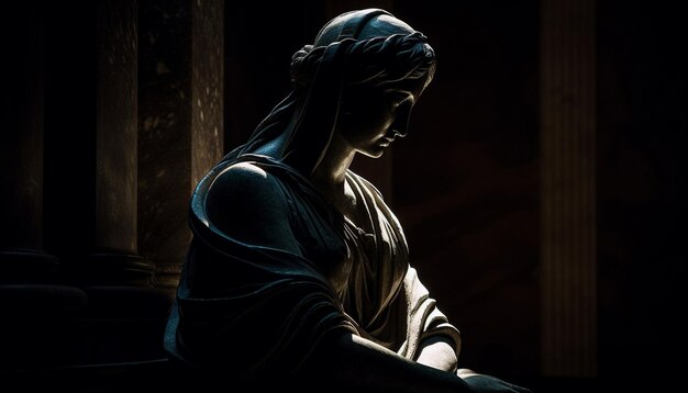 Uma estátua de uma mulher em um quarto escuro