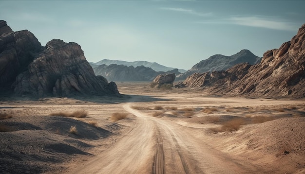Uma estrada no deserto com montanhas ao fundo