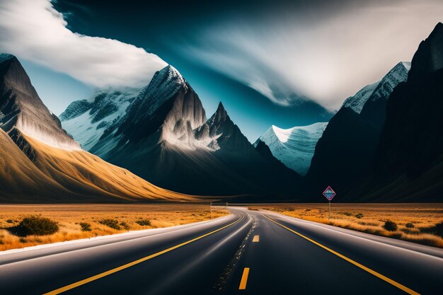 Uma estrada que leva a uma montanha com um céu nublado ao fundo.