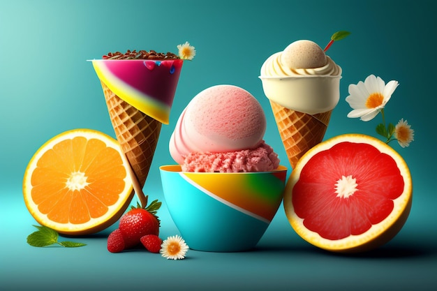 Uma exibição colorida de sorvete e frutas, incluindo uma com um morango no topo.