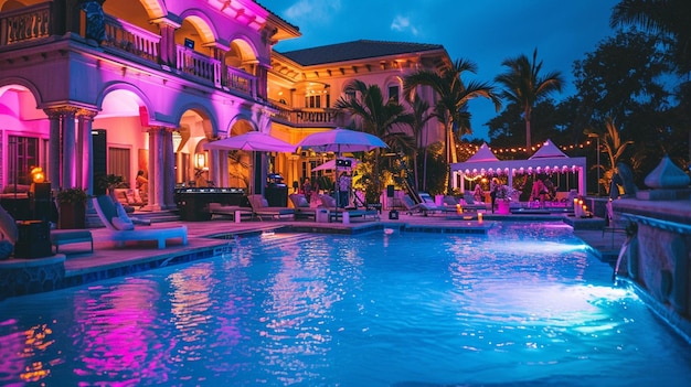 Uma extravagante festa na piscina em uma luxuosa mansão completa com cabanas vip e cabine de dj