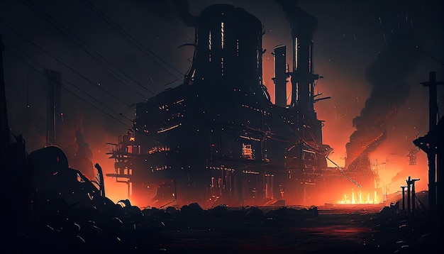 Uma fábrica em chamas com um incêndio ao fundo