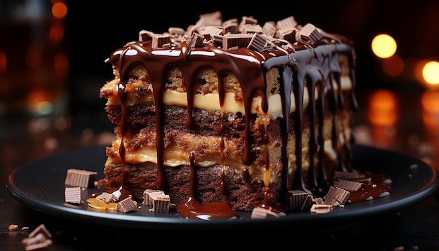 Foto grátis uma fatia de bolo de chocolate caseiro pronto para comer indulgência gerada por inteligência artificial