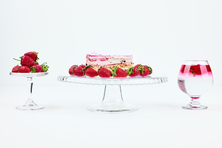 Foto grátis uma fatia de cheesecake de morango com frutas e um copo de bebida.