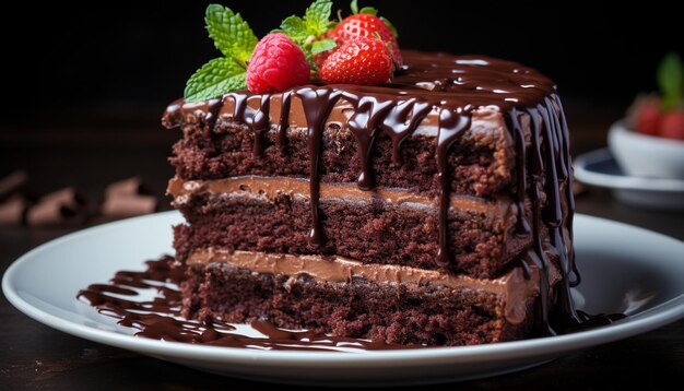 Foto grátis uma fatia decadente de bolo de chocolate caseiro com morangos frescos gerada por inteligência artificial