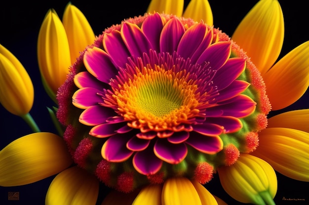 Uma flor colorida com um centro amarelo