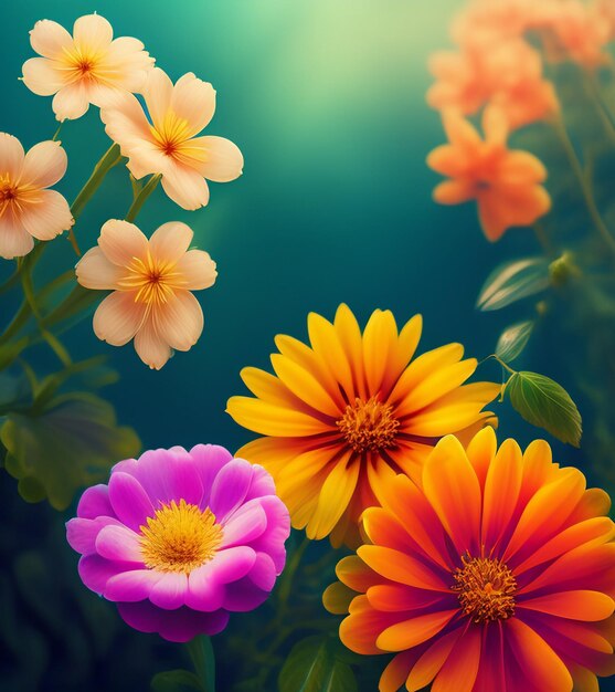 Uma flor colorida está em um campo com fundo azul.