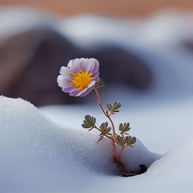 Uma flor que está na neve com a palavra "on it"