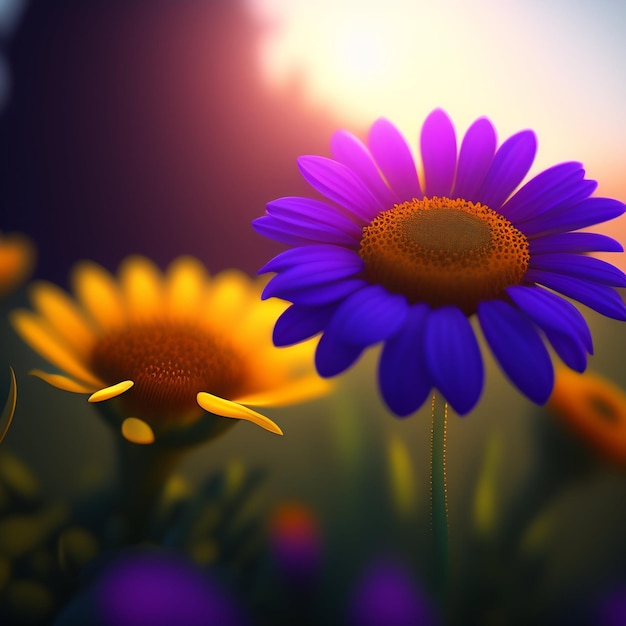 Foto grátis uma flor roxa e amarela está em um campo com o sol atrás dela.