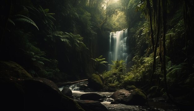 Uma floresta escura com uma cachoeira ao fundo.