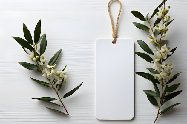 uma folha de oliveira com etiqueta branca em branco no fundo da parede branca