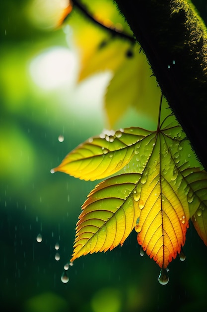 Uma folha verde com a chuva cai sobre ela