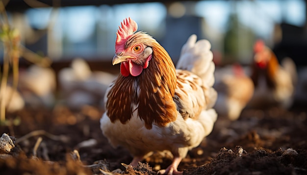 Foto grátis uma galinha orgânica saudável de pé num prado verde gerado por inteligência artificial