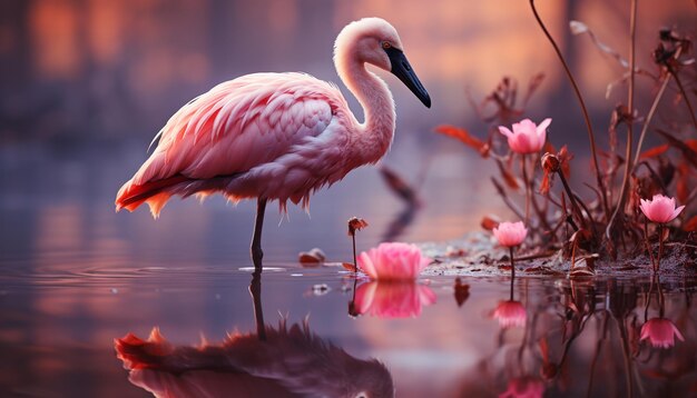 Uma garça rosa caminha em um lago tranquilo ao pôr do sol, gerada por inteligência artificial