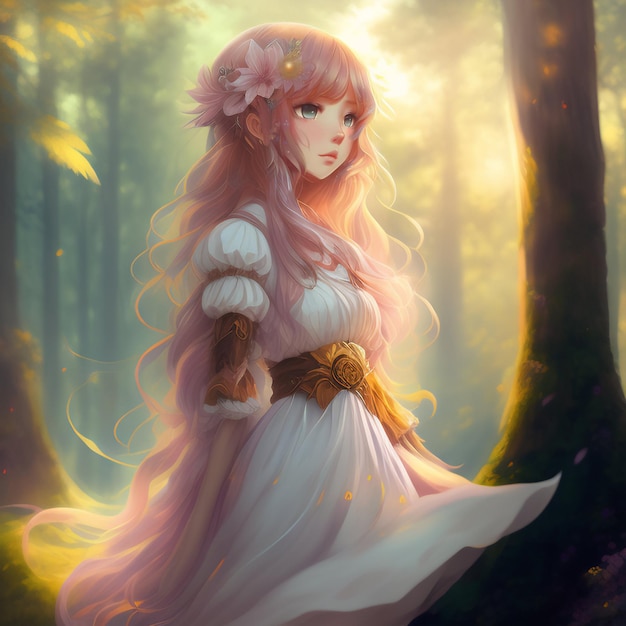 Uma garota com cabelo rosa e um vestido branco com uma flor na cabeça está em uma floresta.