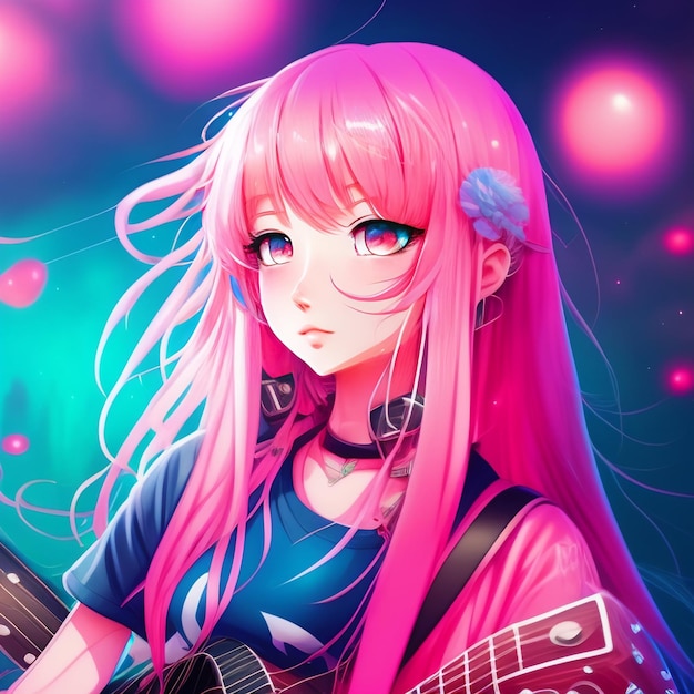 Uma garota de cabelo rosa e um violão na camisa.